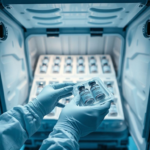 A close-up, high-angle shot of a pharmaceutical cold chain logistics technician carefully placing precision gel packs around temperature-sensitive vaccine vials inside an insulated shipping container. The container is open, revealing multiple layers of specialized packaging. The technician wears gloves, and the environment is clean, well-lit, and sterile. Focus on the details of the gel packs and vaccine labels, showing a modern, efficient, and precise operation. Cool blue and white tones dominate, conveying a sense of scientific accuracy and safety. Ultra realistic, highly detailed, 8k quality, photorealistic.