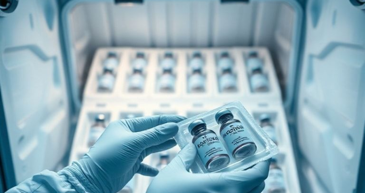A close-up, high-angle shot of a pharmaceutical cold chain logistics technician carefully placing precision gel packs around temperature-sensitive vaccine vials inside an insulated shipping container. The container is open, revealing multiple layers of specialized packaging. The technician wears gloves, and the environment is clean, well-lit, and sterile. Focus on the details of the gel packs and vaccine labels, showing a modern, efficient, and precise operation. Cool blue and white tones dominate, conveying a sense of scientific accuracy and safety. Ultra realistic, highly detailed, 8k quality, photorealistic.