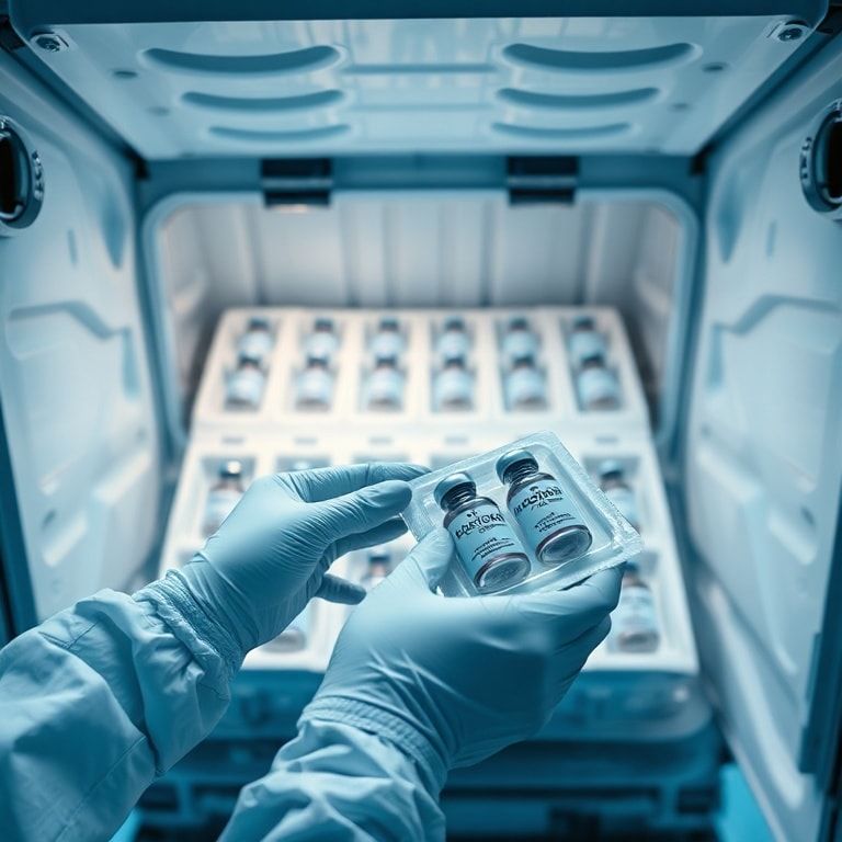 A close-up, high-angle shot of a pharmaceutical cold chain logistics technician carefully placing precision gel packs around temperature-sensitive vaccine vials inside an insulated shipping container. The container is open, revealing multiple layers of specialized packaging. The technician wears gloves, and the environment is clean, well-lit, and sterile. Focus on the details of the gel packs and vaccine labels, showing a modern, efficient, and precise operation. Cool blue and white tones dominate, conveying a sense of scientific accuracy and safety. Ultra realistic, highly detailed, 8k quality, photorealistic.