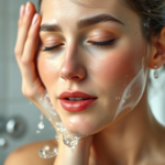 A close-up of a woman gently splashing water on her face to rinse off a cleanser, her skin looks fresh and clean, soft morning light, bathroom setting, natural, clear skin, refreshing, ultra realistic, highly detailed, 8k quality, photorealistic