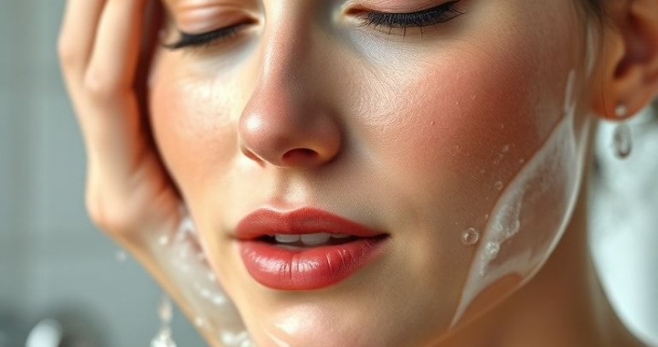 A close-up of a woman gently splashing water on her face to rinse off a cleanser, her skin looks fresh and clean, soft morning light, bathroom setting, natural, clear skin, refreshing, ultra realistic, highly detailed, 8k quality, photorealistic