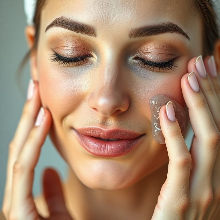 A woman gently massaging a clear gel into her clean, radiant face with her fingertips, soft focus, natural light, close-up, h