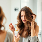 A woman with medium-length, wavy hair applying a leave-in conditioner before styling. She is looking in a mirror, gently running her fingers through her damp hair, with a bottle of hair product in her hand. The bathroom is bright and clean, with soft natural light, focusing on a natural and healthy hair care routine.