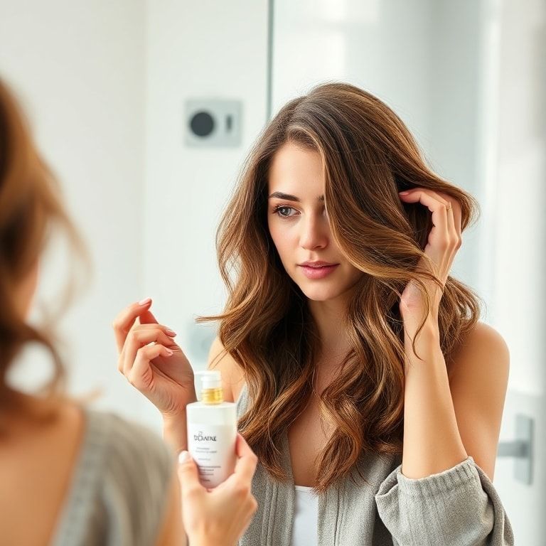 A woman with medium-length, wavy hair applying a leave-in conditioner before styling. She is looking in a mirror, gently running her fingers through her damp hair, with a bottle of hair product in her hand. The bathroom is bright and clean, with soft natural light, focusing on a natural and healthy hair care routine.