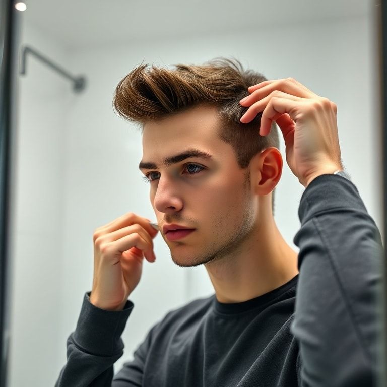 A stylish young man with short, textured hair, confidently applying hair gel to achieve a modern, spiky look. He is using his