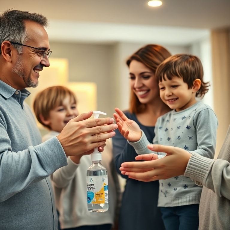 essential - A family, including parents and two young children, happily and safely using alcohol hand gel together in a clean