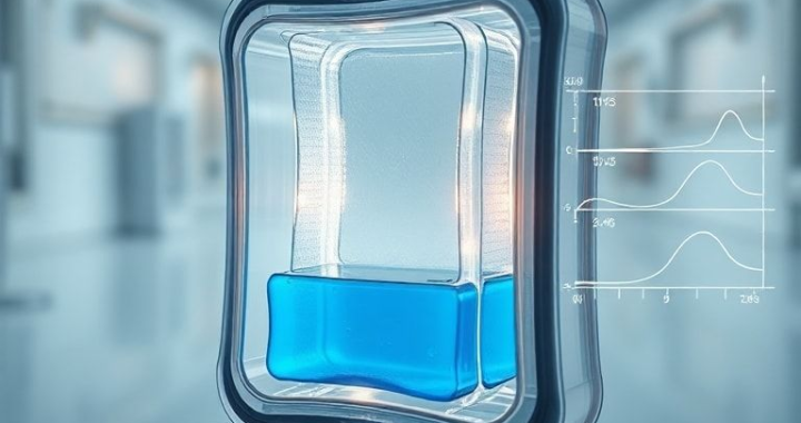 Detailed cross-section of an advanced medical gel pack showing its internal structure. The gel pack is transparent, revealing a blue phase-change material inside. It's surrounded by a durable, flexible polymer casing. The background is a clean, sterile laboratory environment with subtle glowing lines indicating thermal regulation pathways. Scientific diagrams illustrating temperature curves are subtly overlaid, showcasing precise thermal control, ultra realistic, highly detailed, 8k quality, photorealistic, educational style, showing the unseen science behind it.