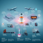 A detailed infographic illustrating the complex journey of a vaccine through the cold chain, starting from manufacturing, through various transportation stages (planes, trucks, motorbikes), storage facilities, and finally to a remote clinic. Show temperature monitors, specialized packaging, and various types of next-gen ice packs. The overall aesthetic is clean, technical, and slightly futuristic, with vibrant colors highlighting different stages and technologies. Emphasize the global reach and the critical role of temperature control, cinematic atmosphere, ultra realistic, highly detailed, 8k quality, photorealistic