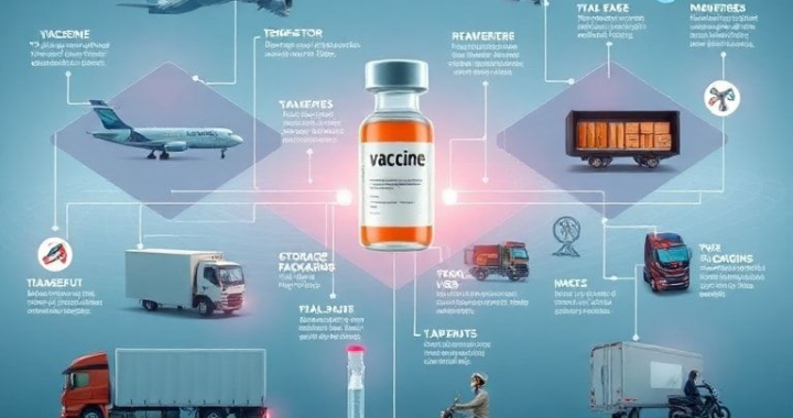 A detailed infographic illustrating the complex journey of a vaccine through the cold chain, starting from manufacturing, through various transportation stages (planes, trucks, motorbikes), storage facilities, and finally to a remote clinic. Show temperature monitors, specialized packaging, and various types of next-gen ice packs. The overall aesthetic is clean, technical, and slightly futuristic, with vibrant colors highlighting different stages and technologies. Emphasize the global reach and the critical role of temperature control, cinematic atmosphere, ultra realistic, highly detailed, 8k quality, photorealistic