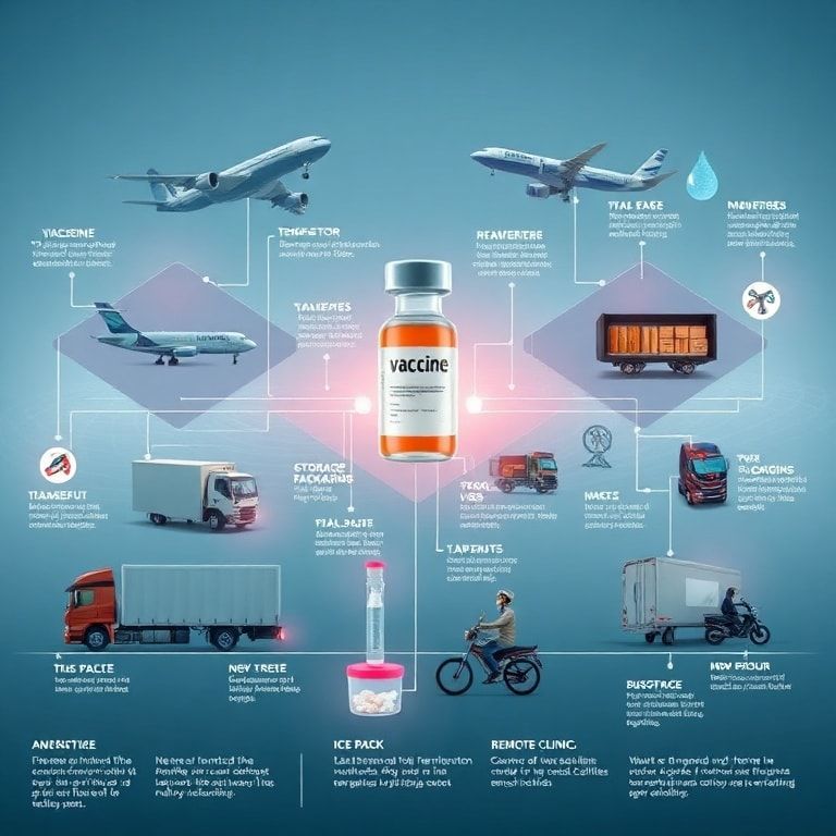 A detailed infographic illustrating the complex journey of a vaccine through the cold chain, starting from manufacturing, through various transportation stages (planes, trucks, motorbikes), storage facilities, and finally to a remote clinic. Show temperature monitors, specialized packaging, and various types of next-gen ice packs. The overall aesthetic is clean, technical, and slightly futuristic, with vibrant colors highlighting different stages and technologies. Emphasize the global reach and the critical role of temperature control, cinematic atmosphere, ultra realistic, highly detailed, 8k quality, photorealistic