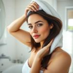A woman with medium-length, dark brown hair gently towel-drying her hair in a bright, clean modern bathroom. Her face is fresh, and she looks relaxed and ready for styling. The background features white tiles and a minimalist sink. Soft, natural light streams in through a window. The overall mood is calm and refreshing, ultra realistic, highly detailed, 8k quality, photorealistic