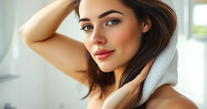 A woman with medium-length, dark brown hair gently towel-drying her hair in a bright, clean modern bathroom. Her face is fresh, and she looks relaxed and ready for styling. The background features white tiles and a minimalist sink. Soft, natural light streams in through a window. The overall mood is calm and refreshing, ultra realistic, highly detailed, 8k quality, photorealistic