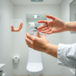 A person demonstrating the 7-step hand sanitizing technique with alcohol gel, showing clear, distinct movements for each step on clean, well-lit hands. The background is a clean, minimalist bathroom or clinic setting, focusing on the hands and the gel bottle. Educational, bright, ultra realistic, highly detailed, 8k quality, photorealistic