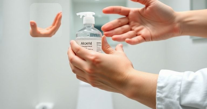 A person demonstrating the 7-step hand sanitizing technique with alcohol gel, showing clear, distinct movements for each step on clean, well-lit hands. The background is a clean, minimalist bathroom or clinic setting, focusing on the hands and the gel bottle. Educational, bright, ultra realistic, highly detailed, 8k quality, photorealistic