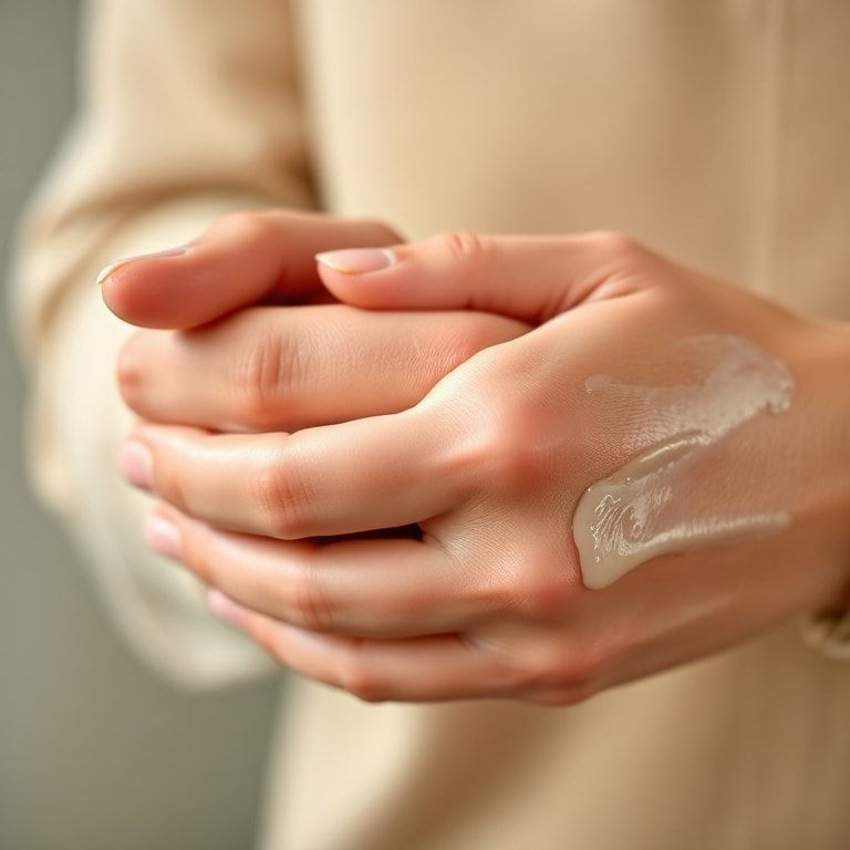 Close-up of hands applying a rich, creamy hand lotion after using alcohol gel. The hands are soft and well-moisturized, with