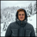 A person wearing a cozy insulated jacket in a snowy mountain setting, with snow-covered trees in the background, creating a winter wonderland scene.