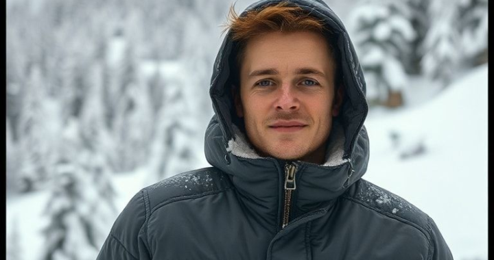 A person wearing a cozy insulated jacket in a snowy mountain setting, with snow-covered trees in the background, creating a winter wonderland scene.