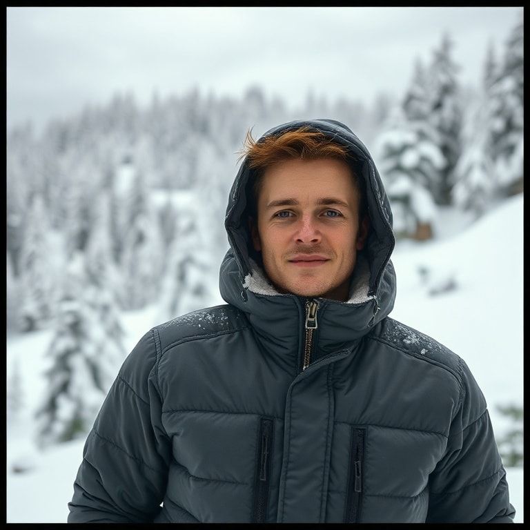 A person wearing a cozy insulated jacket in a snowy mountain setting, with snow-covered trees in the background, creating a winter wonderland scene.