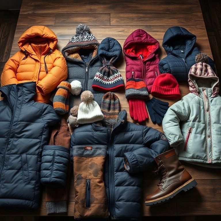 An array of insulated winter gear laid out on a wooden table, including jackets, gloves, hats, and boots, showcasing the vari