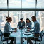 A group of professionals around a table, analyzing data charts on digital devices, in a modern office with panoramic windows showing a bustling cityscape, symbolizing strategic planning and market analysis, vibrant colors
