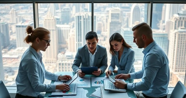 A group of professionals around a table, analyzing data charts on digital devices, in a modern office with panoramic windows showing a bustling cityscape, symbolizing strategic planning and market analysis, vibrant colors