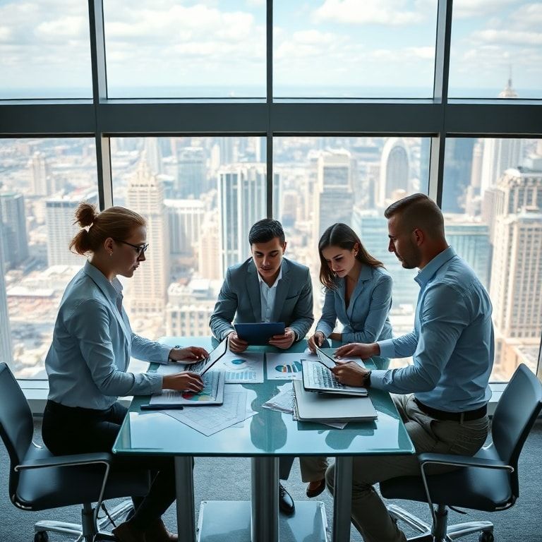 A group of professionals around a table, analyzing data charts on digital devices, in a modern office with panoramic windows showing a bustling cityscape, symbolizing strategic planning and market analysis, vibrant colors
