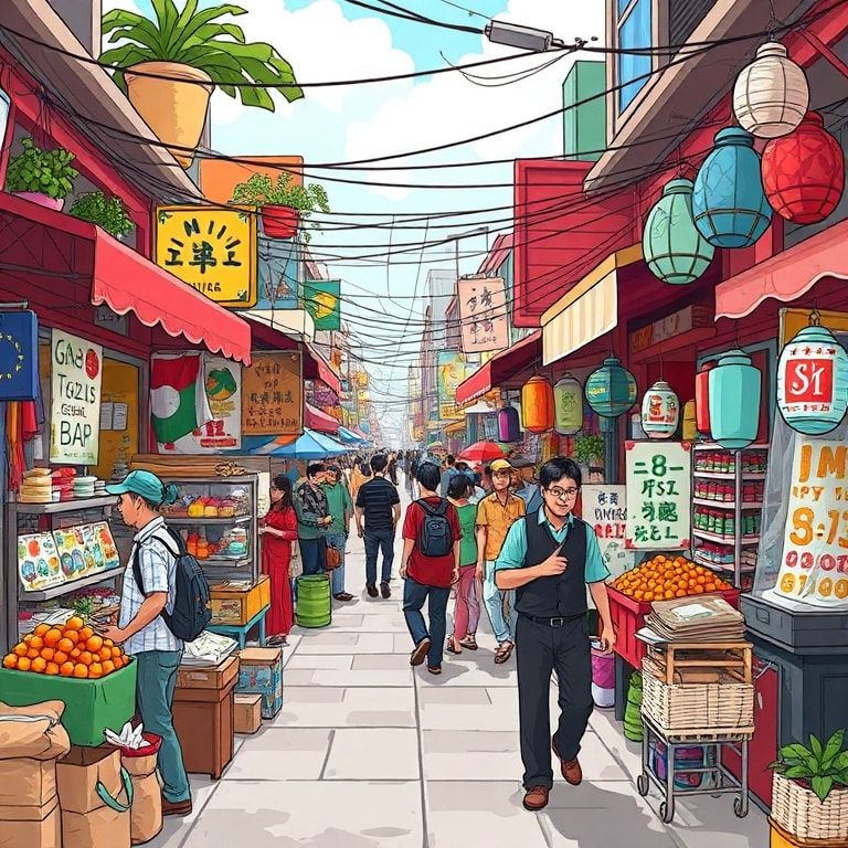 unlocking - A vibrant global market scene with diverse street vendors and shoppers from different cultural backgrounds, color