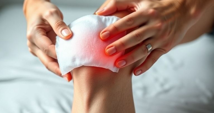 person applying ice pack to knee, relieving pain and inflammation