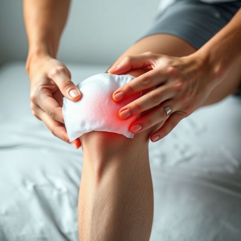 person applying ice pack to knee, relieving pain and inflammation