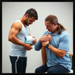 athlete applying ice pack to injured knee, professional physical therapist using cold compression therapy on patient's shoulder