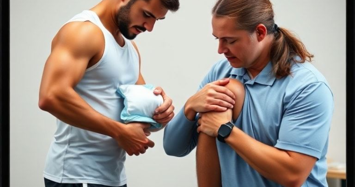 athlete applying ice pack to injured knee, professional physical therapist using cold compression therapy on patient's shoulder