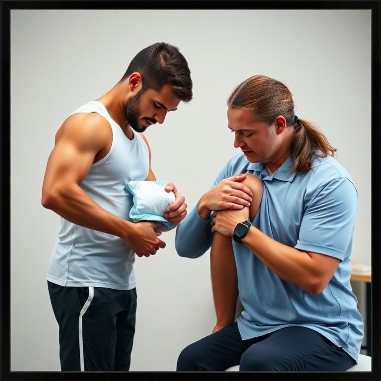 athlete applying ice pack to injured knee, professional physical therapist using cold compression therapy on patient's shoulder