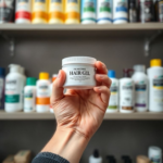 A male hand holding a small tub of hair gel, with various types of hair gel containers blurred in the background on a salon shelf. The man's hand is clean and manicured, focusing on the product. The lighting is soft and professional, highlighting the product texture. The overall mood is educational and sophisticated. Ultra realistic, highly detailed, 8k quality, photorealistic.