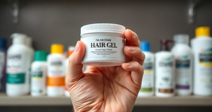 A male hand holding a small tub of hair gel, with various types of hair gel containers blurred in the background on a salon shelf. The man's hand is clean and manicured, focusing on the product. The lighting is soft and professional, highlighting the product texture. The overall mood is educational and sophisticated. Ultra realistic, highly detailed, 8k quality, photorealistic.