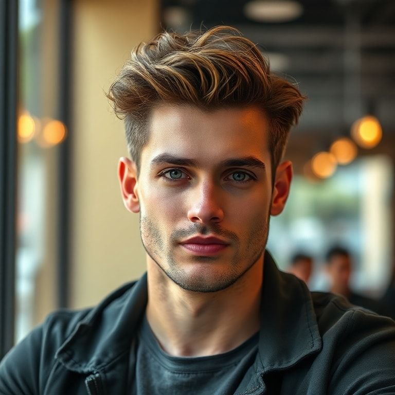 mastering - A male model with a stylish, naturally styled haircut, looking confident and relaxed. His hair shows texture and