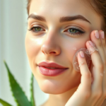 A close-up of a woman's face applying a clear aloe vera gel, showing a gentle, soothing texture, with a focus on healthy, glowing skin. The background is softly blurred with natural light, emphasizing a serene and refreshing skincare routine. The woman has a calm expression, suggesting comfort and relaxation, with a slight hint of natural makeup. The image style is bright, clean, and minimalist, with soft focus on the background to highlight the product application. The overall mood is peaceful and rejuvenating, promoting the benefits of natural skincare, ultra realistic, highly detailed, 8k quality, photorealistic