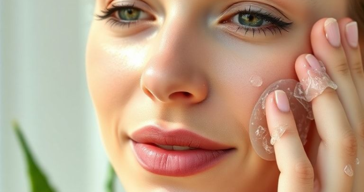 A close-up of a woman's face applying a clear aloe vera gel, showing a gentle, soothing texture, with a focus on healthy, glowing skin. The background is softly blurred with natural light, emphasizing a serene and refreshing skincare routine. The woman has a calm expression, suggesting comfort and relaxation, with a slight hint of natural makeup. The image style is bright, clean, and minimalist, with soft focus on the background to highlight the product application. The overall mood is peaceful and rejuvenating, promoting the benefits of natural skincare, ultra realistic, highly detailed, 8k quality, photorealistic