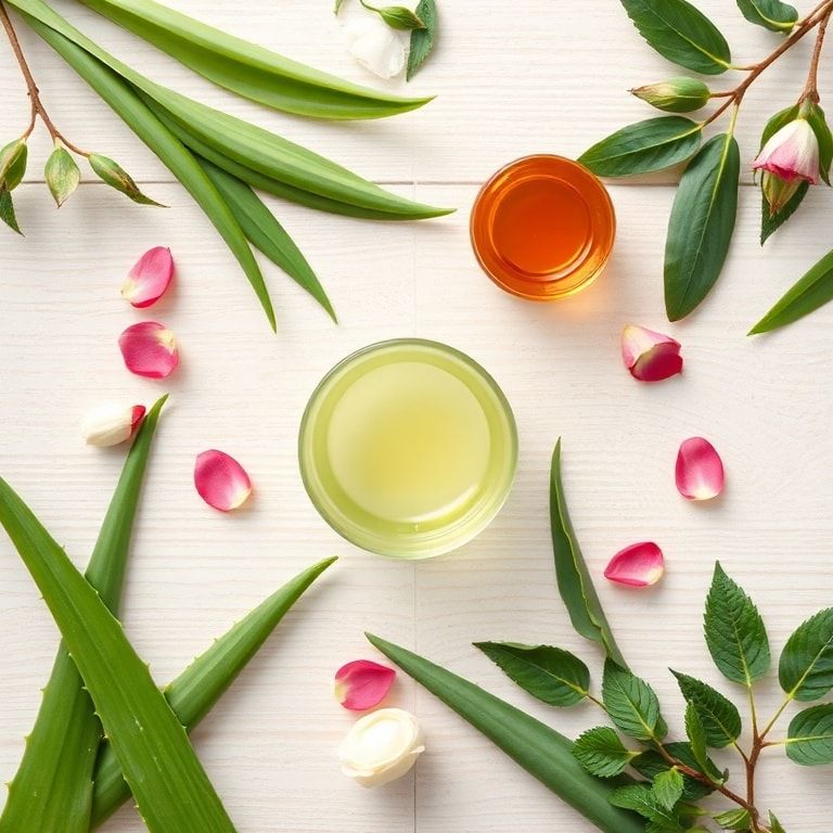 mastering - A beautifully arranged flat lay of various natural skincare ingredients, including fresh aloe vera leaves and a s