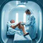 patient receiving cold therapy treatment in a cryotherapy chamber, healthcare professional applying cold pack to patient's injured knee