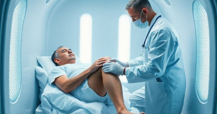 patient receiving cold therapy treatment in a cryotherapy chamber, healthcare professional applying cold pack to patient's injured knee
