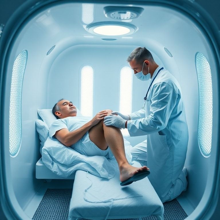 patient receiving cold therapy treatment in a cryotherapy chamber, healthcare professional applying cold pack to patient's injured knee