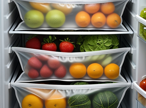 Fresh fruits and vegetables in non-slip fridge bags, organized and neatly stored in a refrigerator, maintaining freshness and preventing spoilage