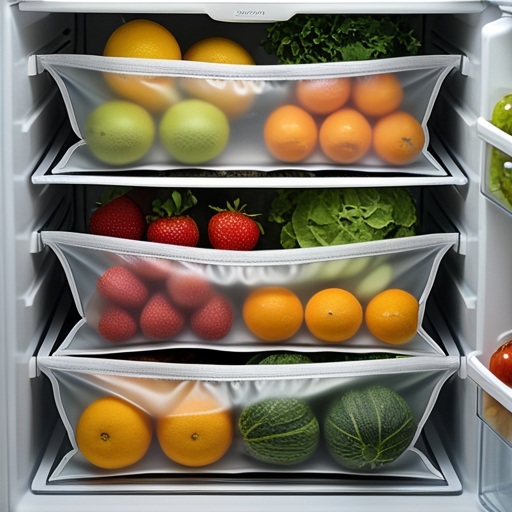 Fresh fruits and vegetables in non-slip fridge bags, organized and neatly stored in a refrigerator, maintaining freshness and preventing spoilage