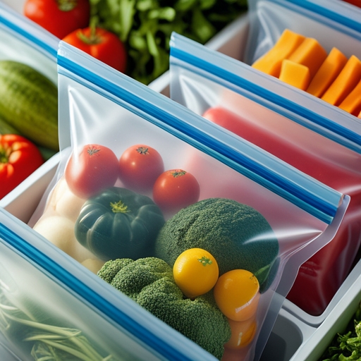 nonslip - Close-up of non-slip fridge bags filled with a variety of fresh food items, showcasing the airtight seal and proper