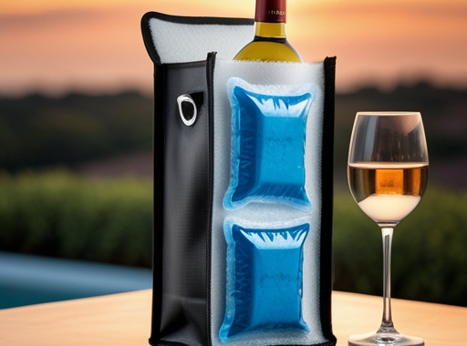 image of a foam bag wine chiller with a bottle of wine and ice packs, set against a sunset backdrop, creating a relaxed and elegant ambiance