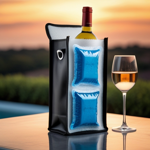 image of a foam bag wine chiller with a bottle of wine and ice packs, set against a sunset backdrop, creating a relaxed and elegant ambiance