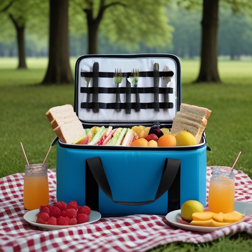creative - image of a foam bag picnic basket filled with sandwiches, fruits, and drinks, placed on a checkered picnic blanket