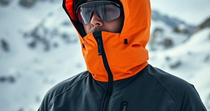 modern insulated jacket in snowy mountain landscape, sleek design with hood and zipper details, vibrant colors, high-performance materials, outdoor adventure gear, winter sports fashion, premium quality, iconic brand logo
