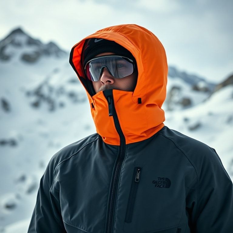 modern insulated jacket in snowy mountain landscape, sleek design with hood and zipper details, vibrant colors, high-performance materials, outdoor adventure gear, winter sports fashion, premium quality, iconic brand logo