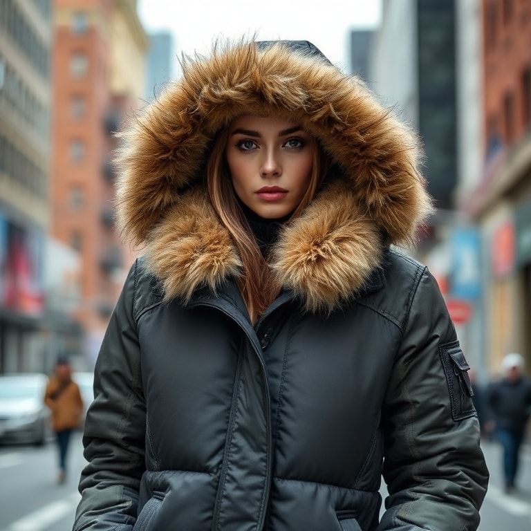 cozy insulated jacket with faux fur lining, urban street style, cityscape background, trendy colors and patterns, versatile f